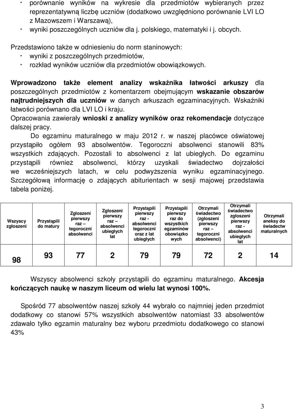 Wprowadzono także element analizy wskaźnika łatwości arkuszy dla poszczególnych przedmiotów z komentarzem obejmującym wskazanie obszarów najtrudniejszych dla uczniów w danych arkuszach