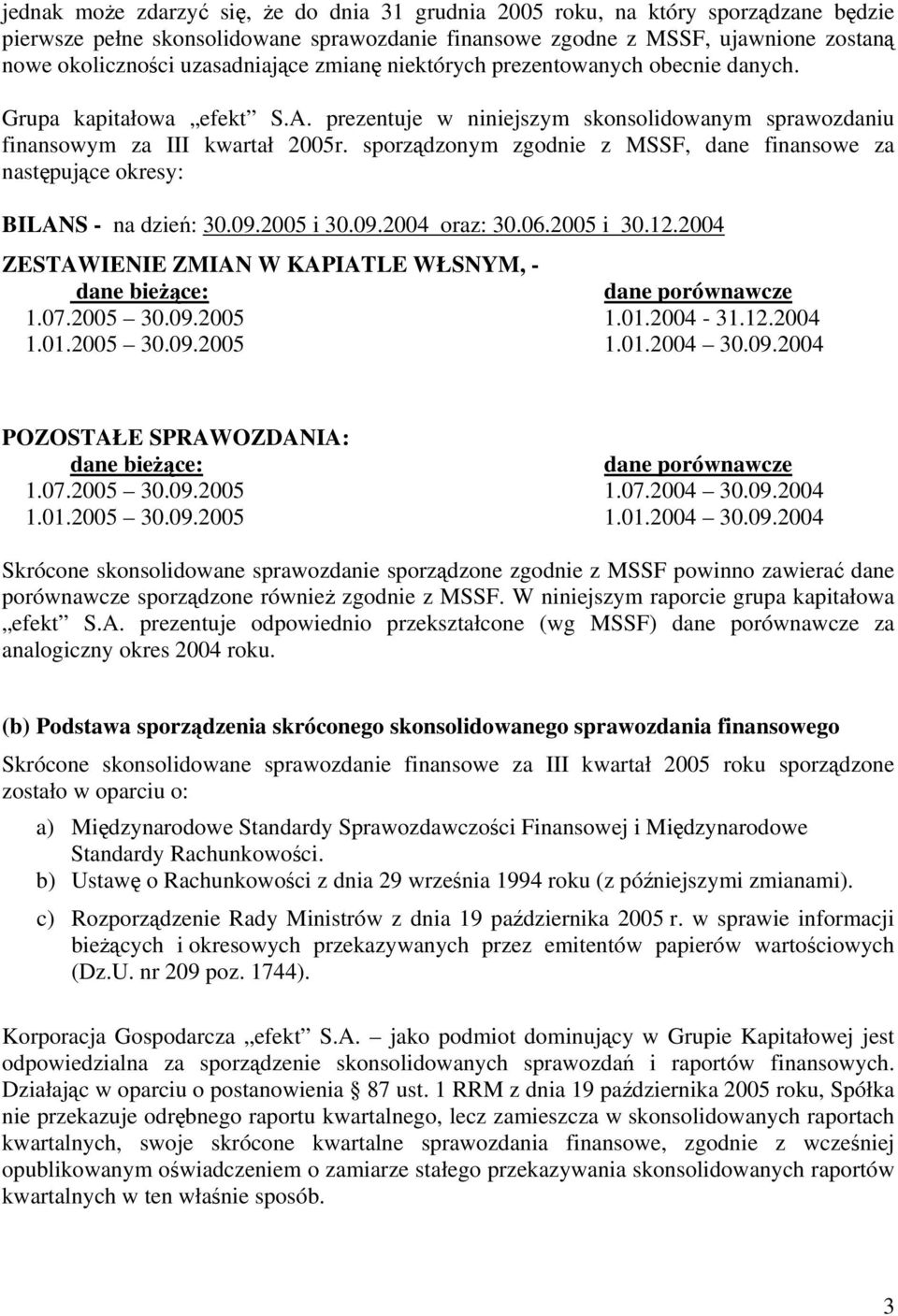 sporządzonym zgodnie z MSSF, dane finansowe za następujące okresy: BILANS - na dzień: 30.09.2005 i 30.09.2004 oraz: 30.06.2005 i 30.12.