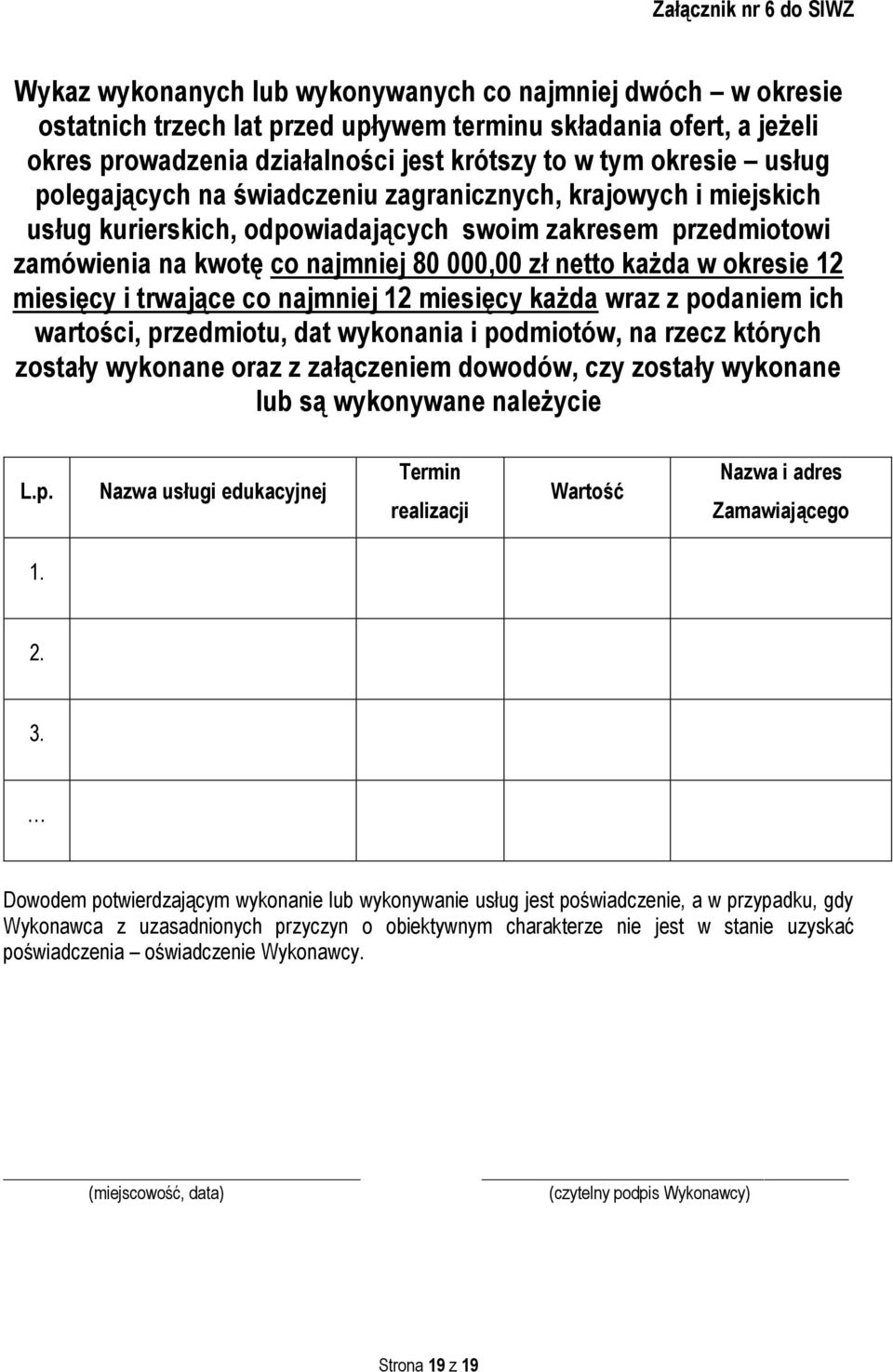 netto każda w okresie 12 miesięcy i trwające co najmniej 12 miesięcy każda wraz z podaniem ich wartości, przedmiotu, dat wykonania i podmiotów, na rzecz których zostały wykonane oraz z załączeniem