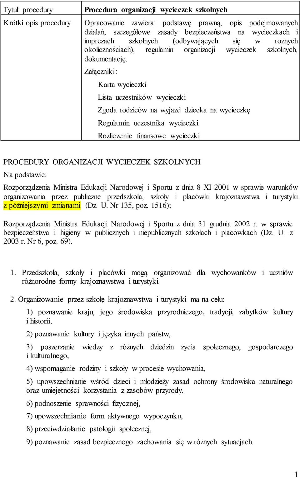 Załączniki: Karta wycieczki Lista uczestników wycieczki Zgoda rodziców na wyjazd dziecka na wycieczkę Regulamin uczestnika wycieczki Rozliczenie finansowe wycieczki PROCEDURY ORGANIZACJI WYCIECZEK