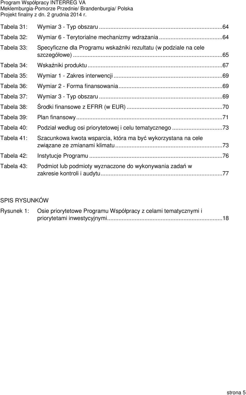 ..69 Tabela 38: Środki finansowe z EFRR (w EUR)...70 Tabela 39: Plan finansowy...71 Tabela 40: Podział według osi priorytetowej i celu tematycznego.