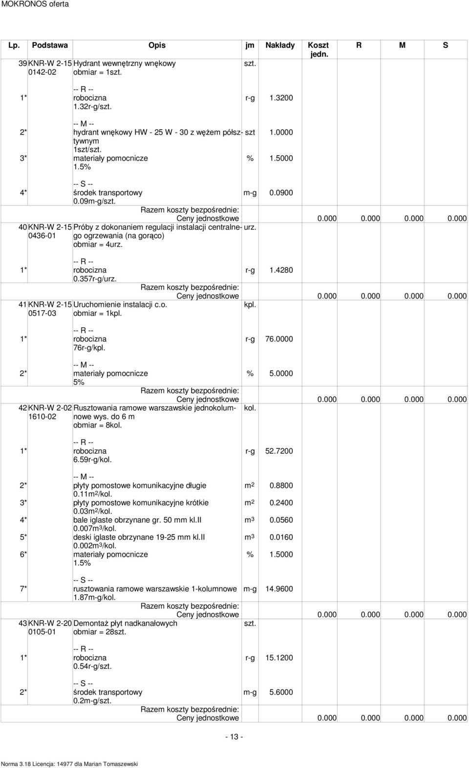 1* robocizna r-g 1.4280 0.357r-g/urz. 41 KNR-W 2-15 Uruchoienie instalacji c.o. 0517-03 obiar = 1kpl. 1* robocizna r-g 76.0000 76r-g/kpl. 2* ateriały poocnicze % 5.0000 5% 42 KNR-W 2-02 1610-02 kpl.