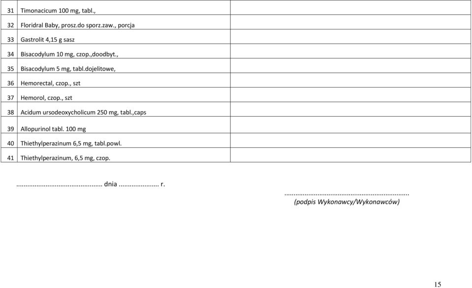 dojelitowe, 36 Hemorectal, czop., szt 37 Hemorol, czop., szt 38 Acidum ursodeoxycholicum 250 mg, tabl.