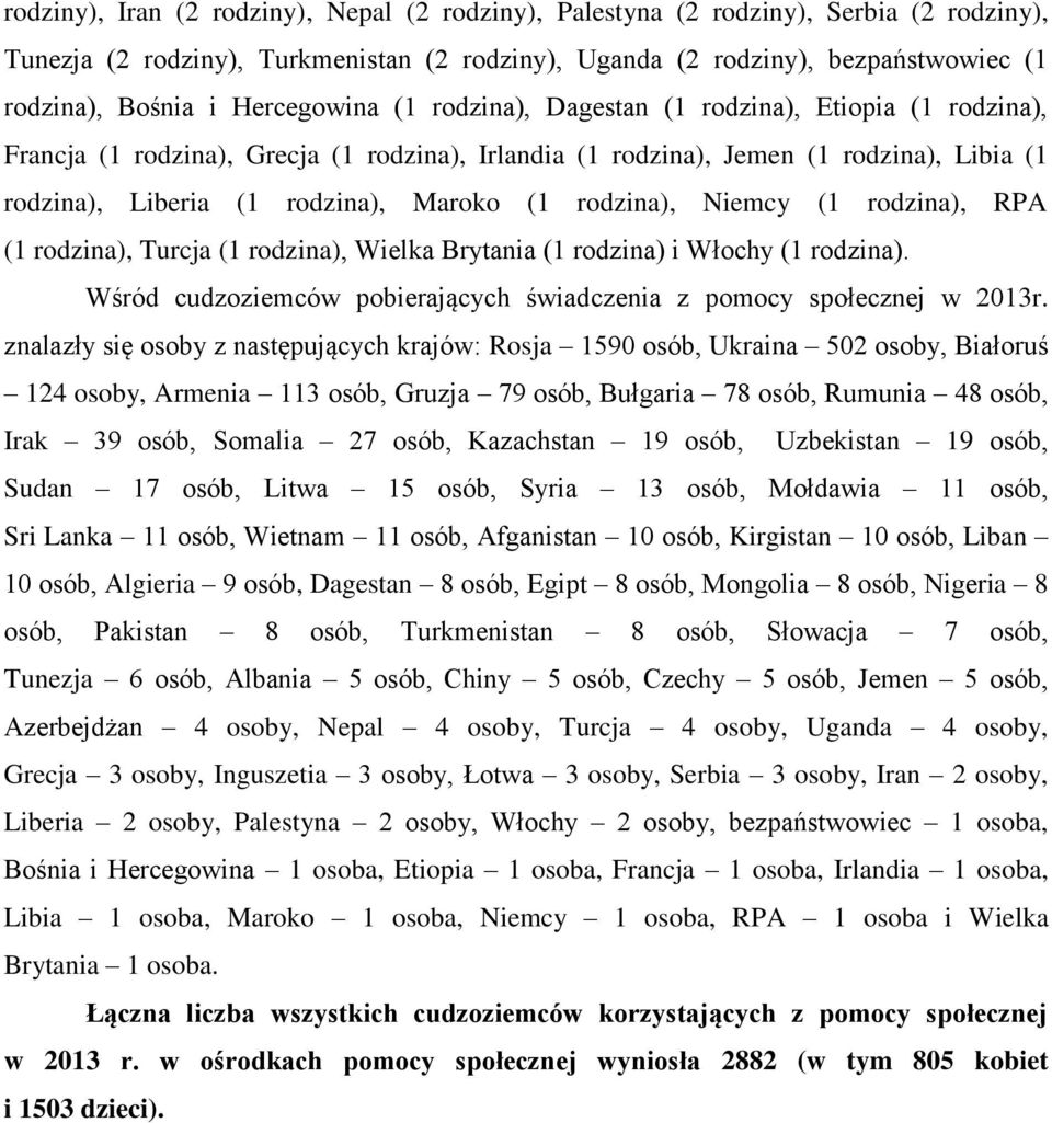 rodzina), Niemcy (1 rodzina), RPA (1 rodzina), Turcja (1 rodzina), Wielka Brytania (1 rodzina) i Włochy (1 rodzina). Wśród cudzoziemców pobierających świadczenia z pomocy społecznej w 2013r.