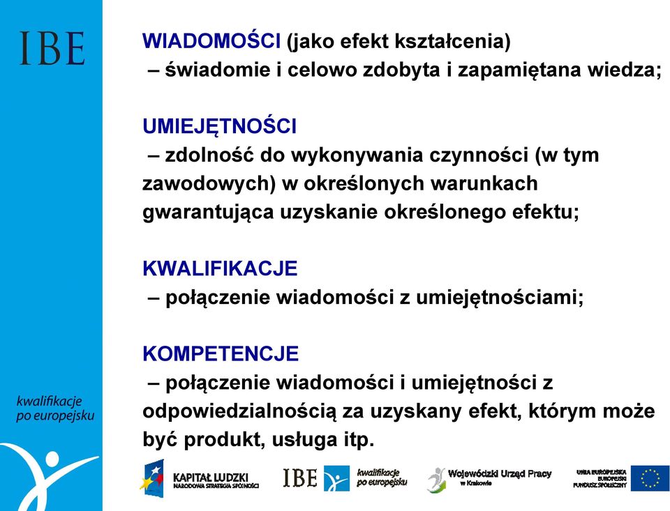 określonego efektu; KWALIFIKACJE połączenie wiadomości z umiejętnościami; KOMPETENCJE połączenie