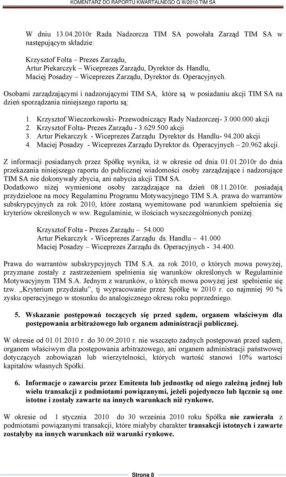 Krzysztof Wieczorkowski- Przewodniczący Rady Nadzorczej- 3.000.000 akcji 2. Krzysztof Folta- Prezes Zarządu - 3.629.500 akcji 3. Artur Piekarczyk - Wiceprezes Zarządu Dyrektor ds. Handlu- 94.