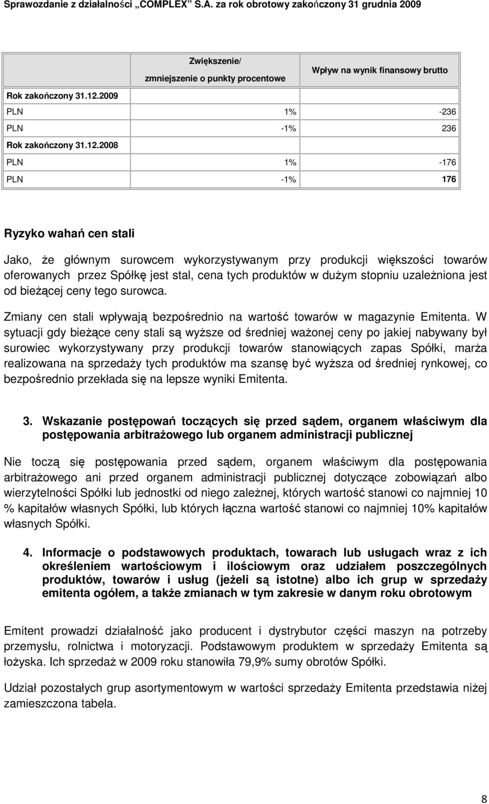 2008 PLN 1% -176 PLN -1% 176 Ryzyko wahań cen stali Jako, Ŝe głównym surowcem wykorzystywanym przy produkcji większości towarów oferowanych przez Spółkę jest stal, cena tych produktów w duŝym stopniu
