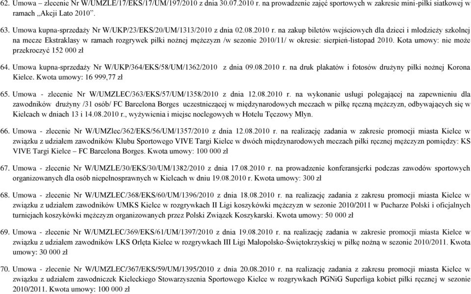 na zakup biletów wejściowych dla dzieci i młodzieży szkolnej na mecze Ekstraklasy w ramach rozgrywek piłki nożnej mężczyzn /w sezonie 2010/11/ w okresie: sierpień-listopad 2010.