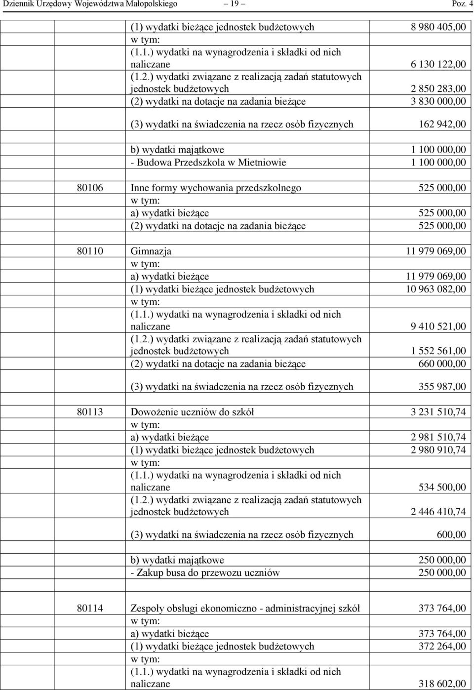 wydatki bieżące jednostek budżetowych 8 980 405,00 (1.