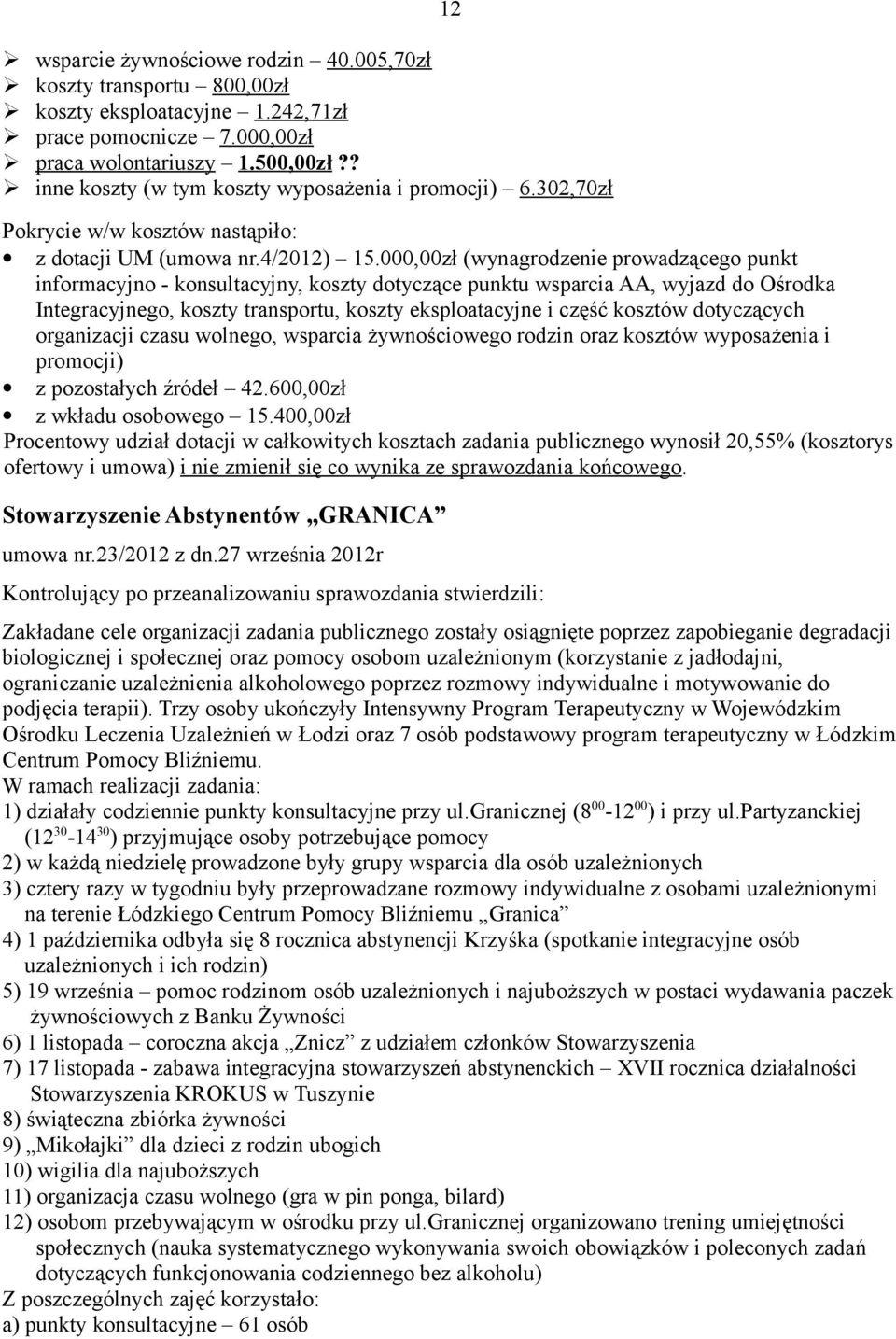 000,00zł (wynagrodzenie prowadzącego punkt informacyjno - konsultacyjny, koszty dotyczące punktu wsparcia AA, wyjazd do Ośrodka Integracyjnego, koszty transportu, koszty eksploatacyjne i część