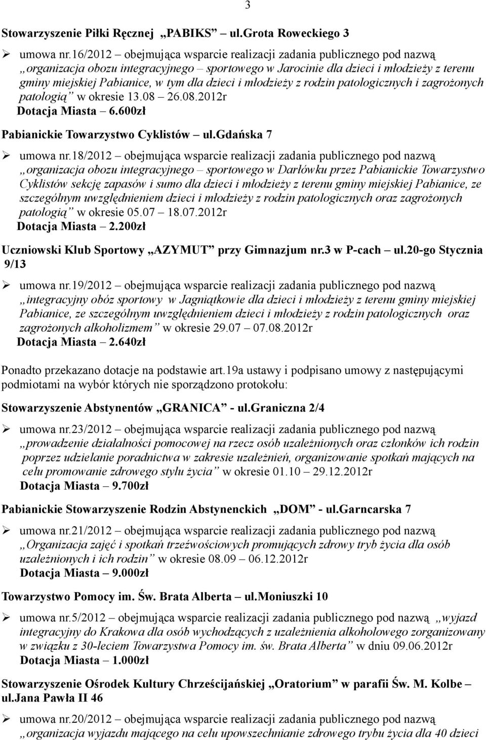 dzieci i młodzieży z rodzin patologicznych i zagrożonych patologią w okresie 13.08 26.08.2012r Dotacja Miasta 6.600zł Pabianickie Towarzystwo Cyklistów ul.gdańska 7 umowa nr.