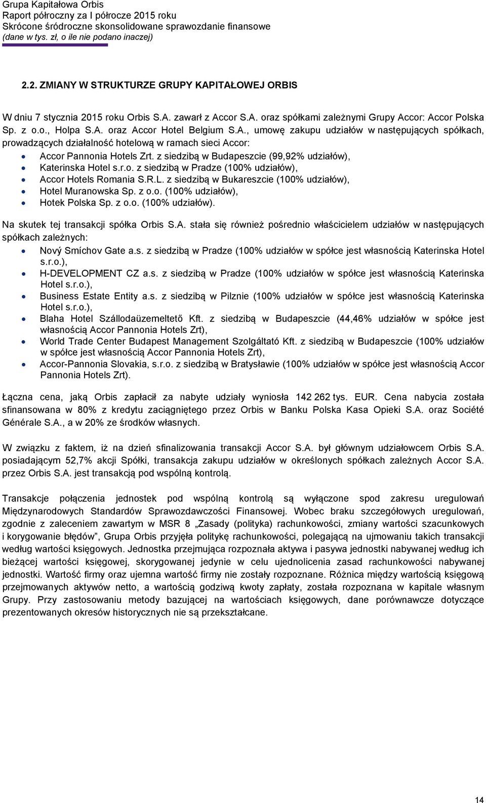 R.L. z siedzibą w Bukareszcie (100% udziałów), Hotel Muranowska Sp. z o.o. (100% udziałów), Hotek Polska Sp. z o.o. (100% udziałów). Na skutek tej transakcji spółka Orbis S.A.