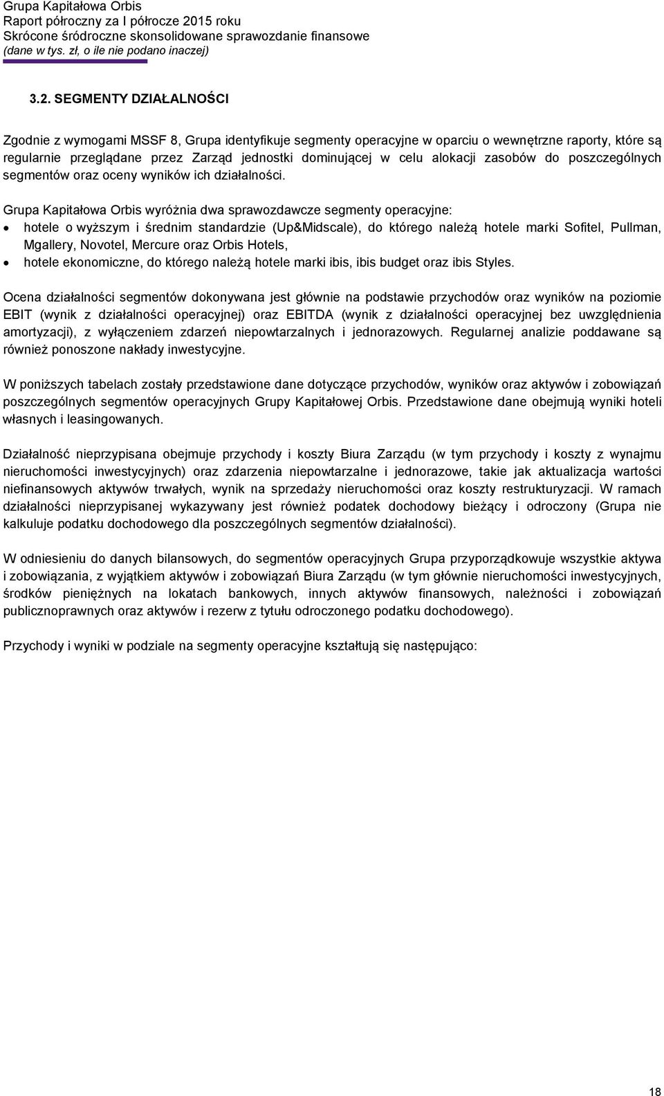 Grupa Kapitałowa Orbis wyróżnia dwa sprawozdawcze segmenty operacyjne: hotele o wyższym i średnim standardzie (Up&Midscale), do którego należą hotele marki Sofitel, Pullman, Mgallery, Novotel,