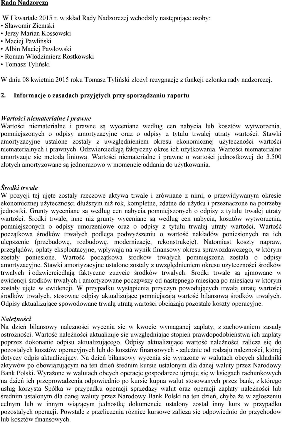 2015 roku Tomasz Tyliński złożył rezygnację z funkcji członka rady nadzorczej. 2.