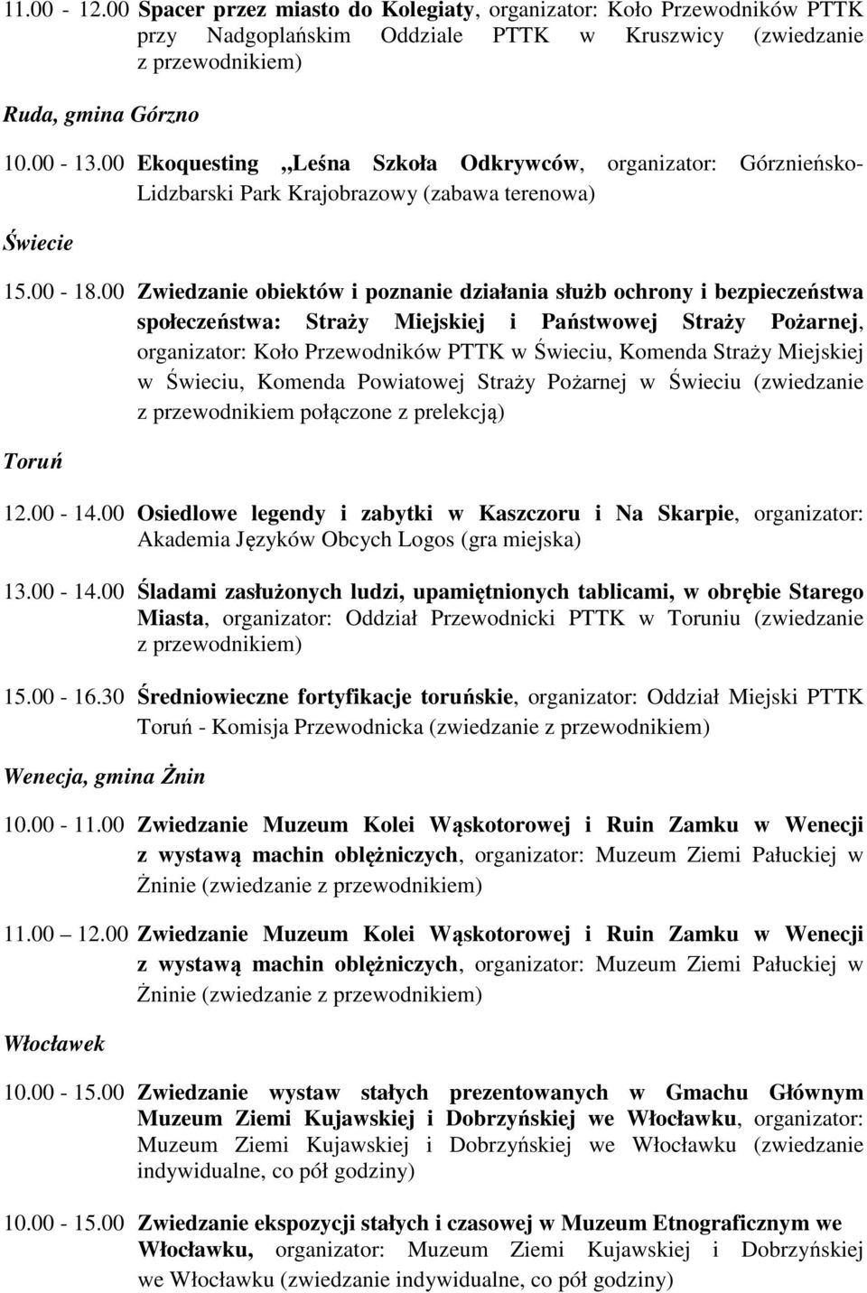 00 Zwiedzanie obiektów i poznanie działania służb ochrony i bezpieczeństwa społeczeństwa: Straży Miejskiej i Państwowej Straży Pożarnej, organizator: Koło Przewodników PTTK w Świeciu, Komenda Straży