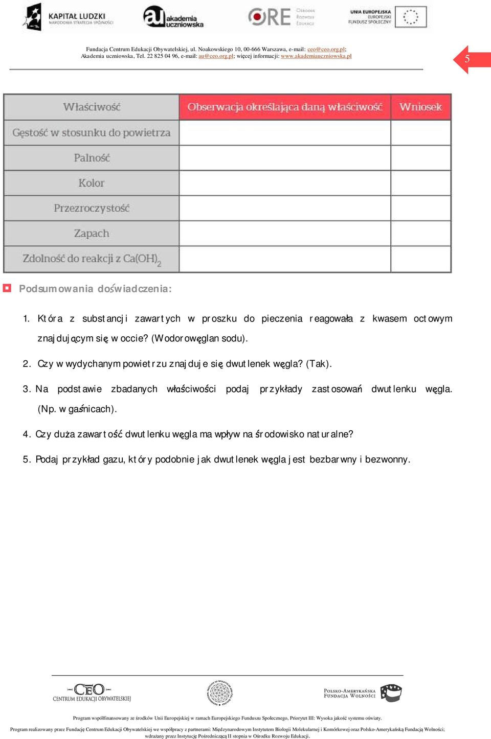 (Wodorowęglan sodu). 2. Czy w wydychanym powietrzu znajduje się dwutlenek węgla? (Tak). 3.