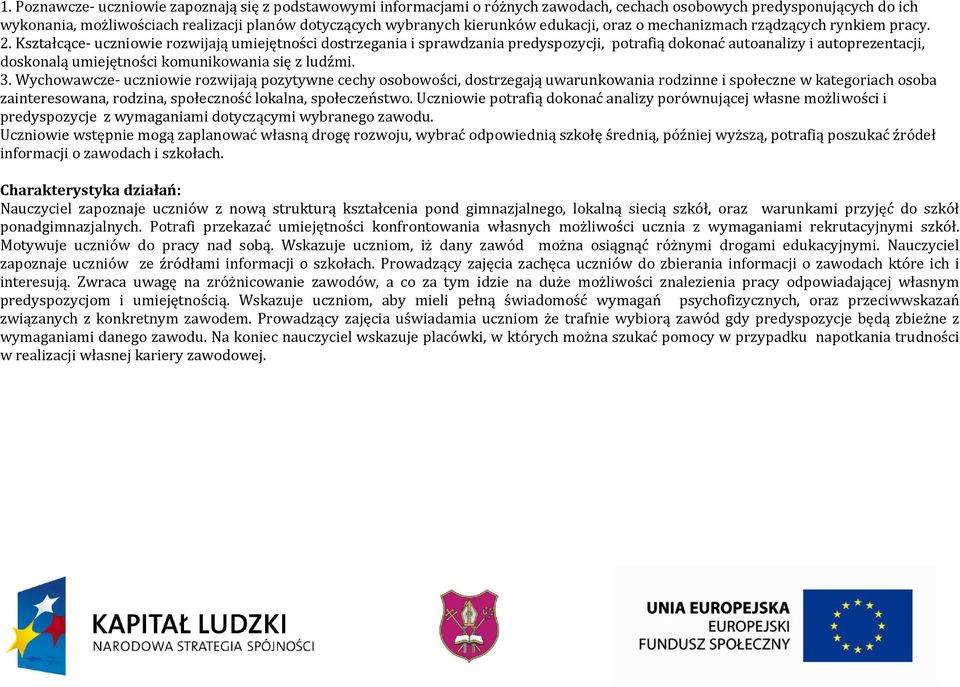 Kształcące- uczniowie rozwijają umiejętności dostrzegania i sprawdzania predyspozycji, potrafią dokonać autoanalizy i autoprezentacji, doskonalą umiejętności komunikowania się z ludźmi. 3.