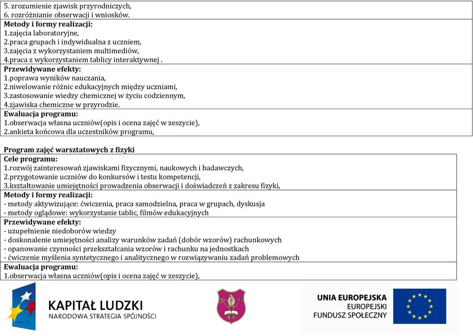 zastosowanie wiedzy chemicznej w życiu codziennym, 4.zjawiska chemiczne w przyrodzie. Ewaluacja programu: 1.obserwacja własna uczniów(opis i ocena zajęć w zeszycie), 2.