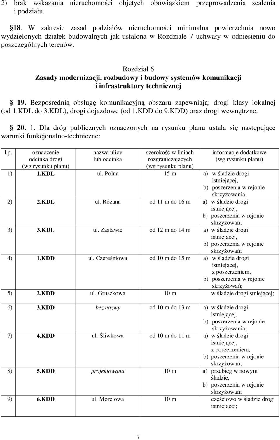 Rozdział 6 Zasady modernizacji, rozbudowy i budowy systemów komunikacji i infrastruktury technicznej 19. Bezpośrednią obsługę komunikacyjną obszaru zapewniają: drogi klasy lokalnej (od 1.KDL do 3.