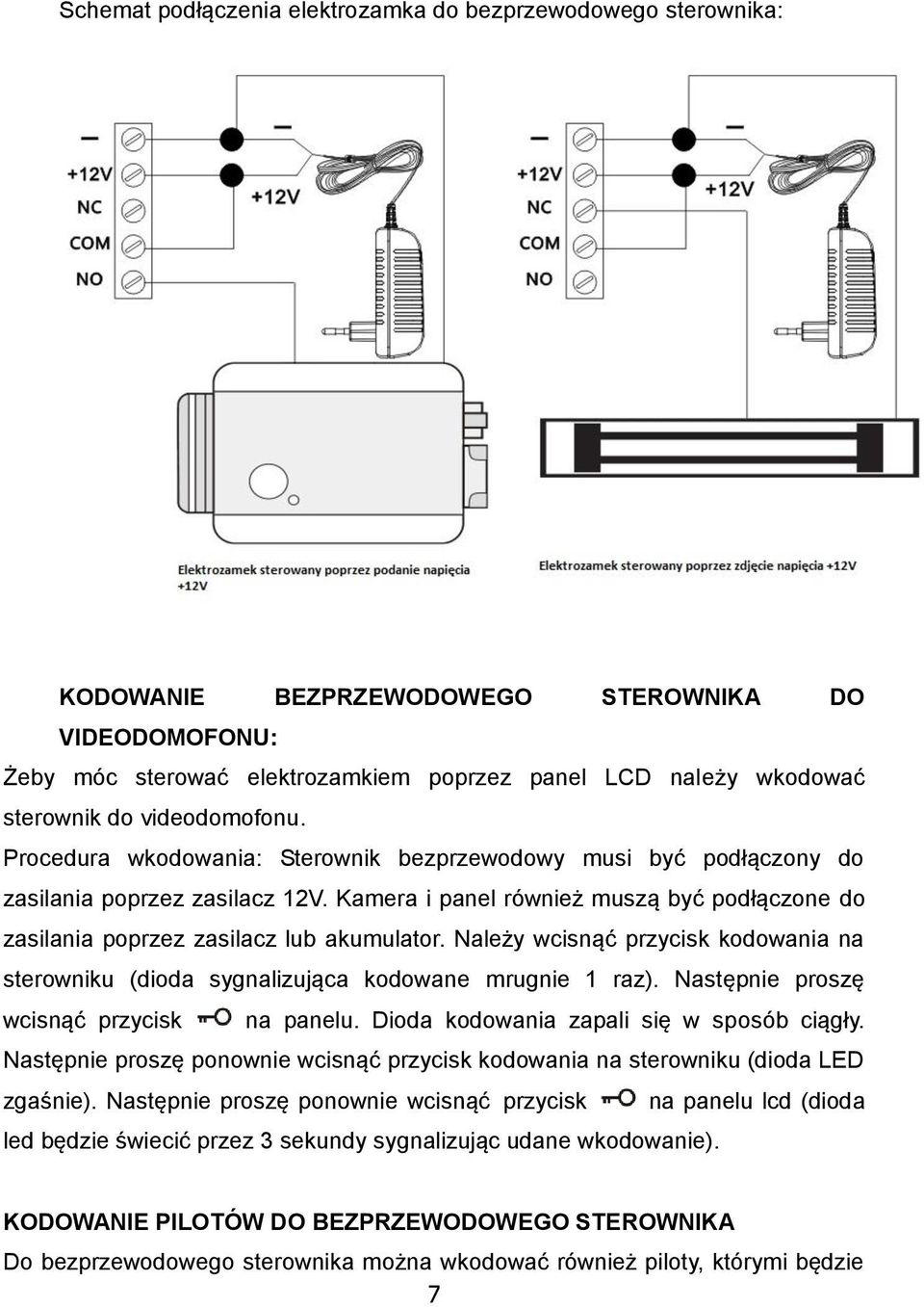 Kamera i panel również muszą być podłączone do zasilania poprzez zasilacz lub akumulator. Należy wcisnąć przycisk kodowania na sterowniku (dioda sygnalizująca kodowane mrugnie 1 raz).