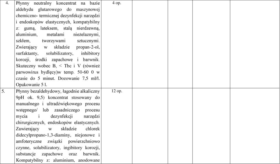 Skuteczny wobec B, < Tbc i V (również parwowirus bydlęcy)w temp. 50-60 0 w czasie do 5 minut. Dozowanie 7,5 ml/l. Opakowanie 5 l. 5. Płynny bezaldehydowy, łagodnie alkaliczny 9pH ok.