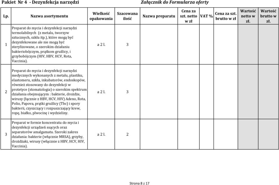 ), które mogą być dezynfekowane ale nie mogą być sterylizowane, o szerokim działaniu bakteriobójczym, prątkom gruźlicy, i grzybobójczym (HIV, HBV, HCV, Rota, Vaccinia). a 2 l.