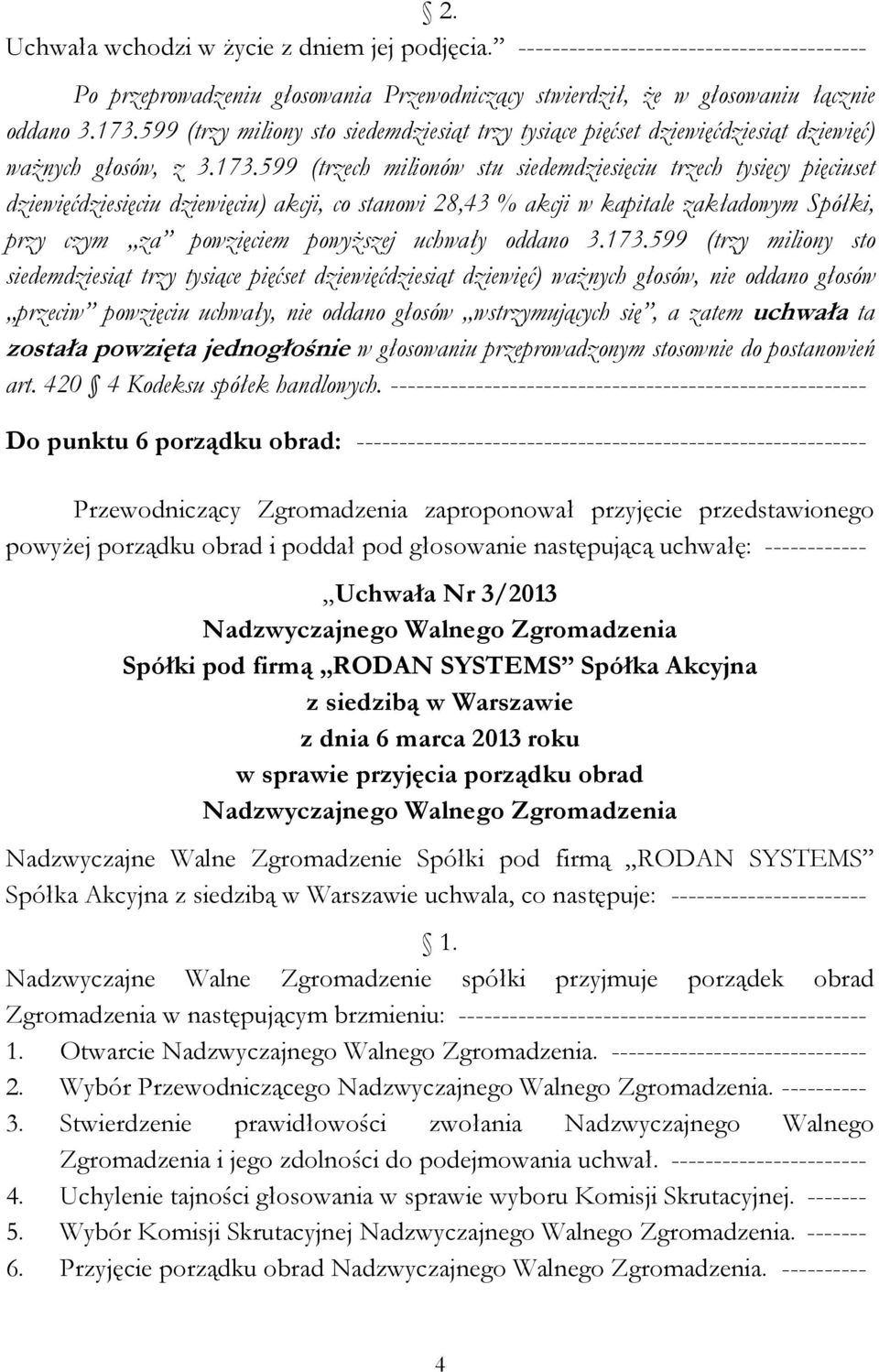 599 (trzech milionów stu siedemdziesięciu trzech tysięcy pięciuset dziewięćdziesięciu dziewięciu) akcji, co stanowi 28,43 % akcji w kapitale zakładowym Spółki, przy czym za powzięciem powyższej