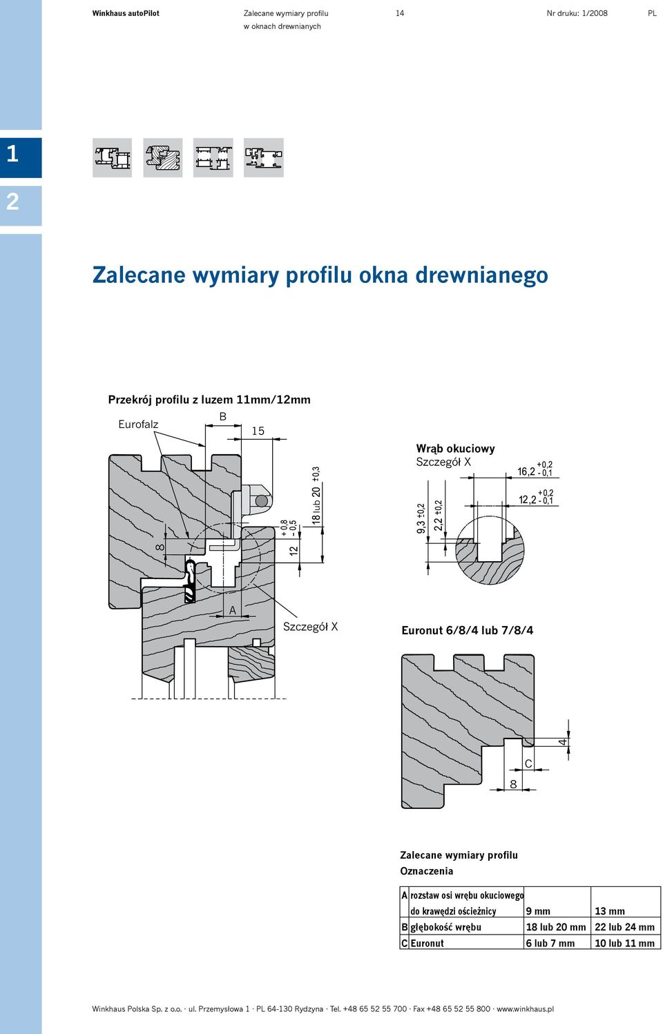 Oznaczenia A rozstaw osi wrębu okuciowego do krawędzi ościeżnicy 9 mm B głębokość wrębu 8 lub 0 mm C Euronut 6 lub 7 mm 3 mm lub 4 mm 0 lub mm Winkhaus Polska Sp.