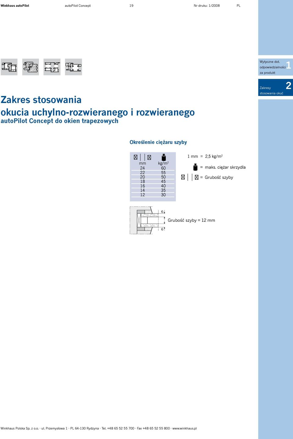 Zakresy stosowania okuć Określenie ciężaru szyby mm kg/m 4 60 55 0 50 8 45 6 40 4 35 30 mm =,5 kg/m = maks.