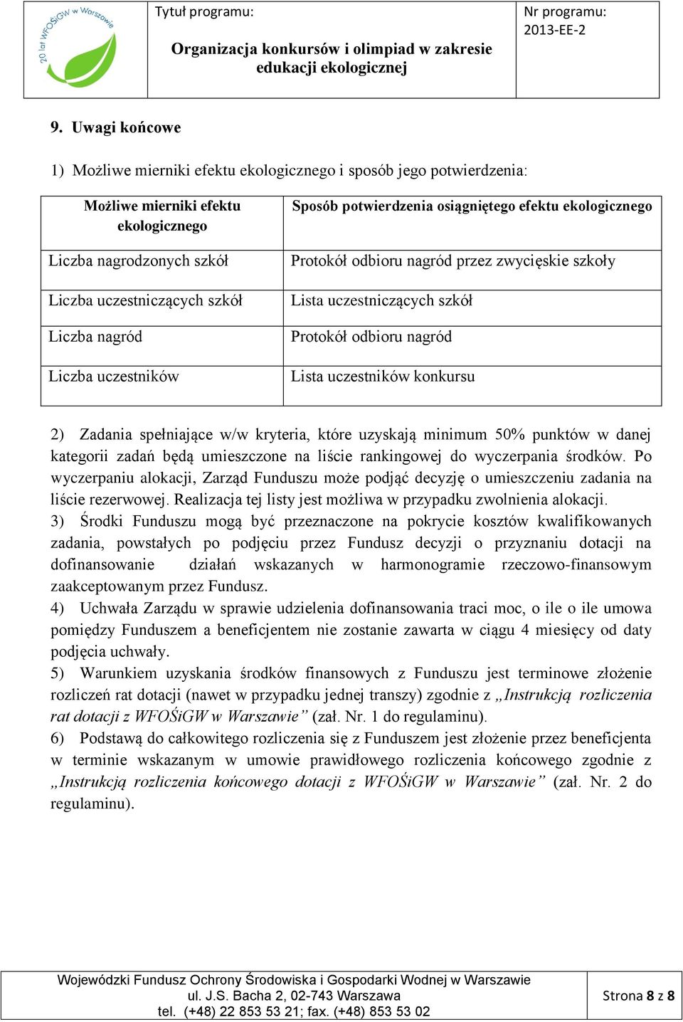 konkursu 2) Zadania spełniające w/w kryteria, które uzyskają minimum 50% punktów w danej kategorii zadań będą umieszczone na liście rankingowej do wyczerpania środków.