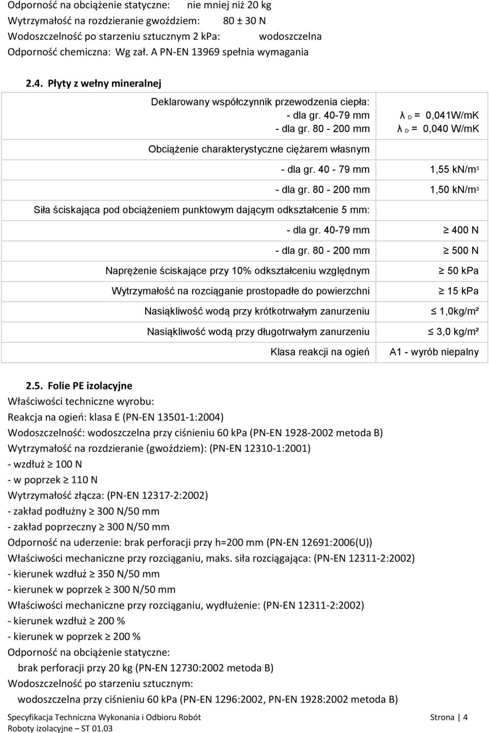 80-200 mm λ D = 0,041W/mK λ D = 0,040 W/mK Obciążenie charakterystyczne ciężarem własnym - dla gr. 40-79 mm 1,55 kn/m 3 - dla gr.