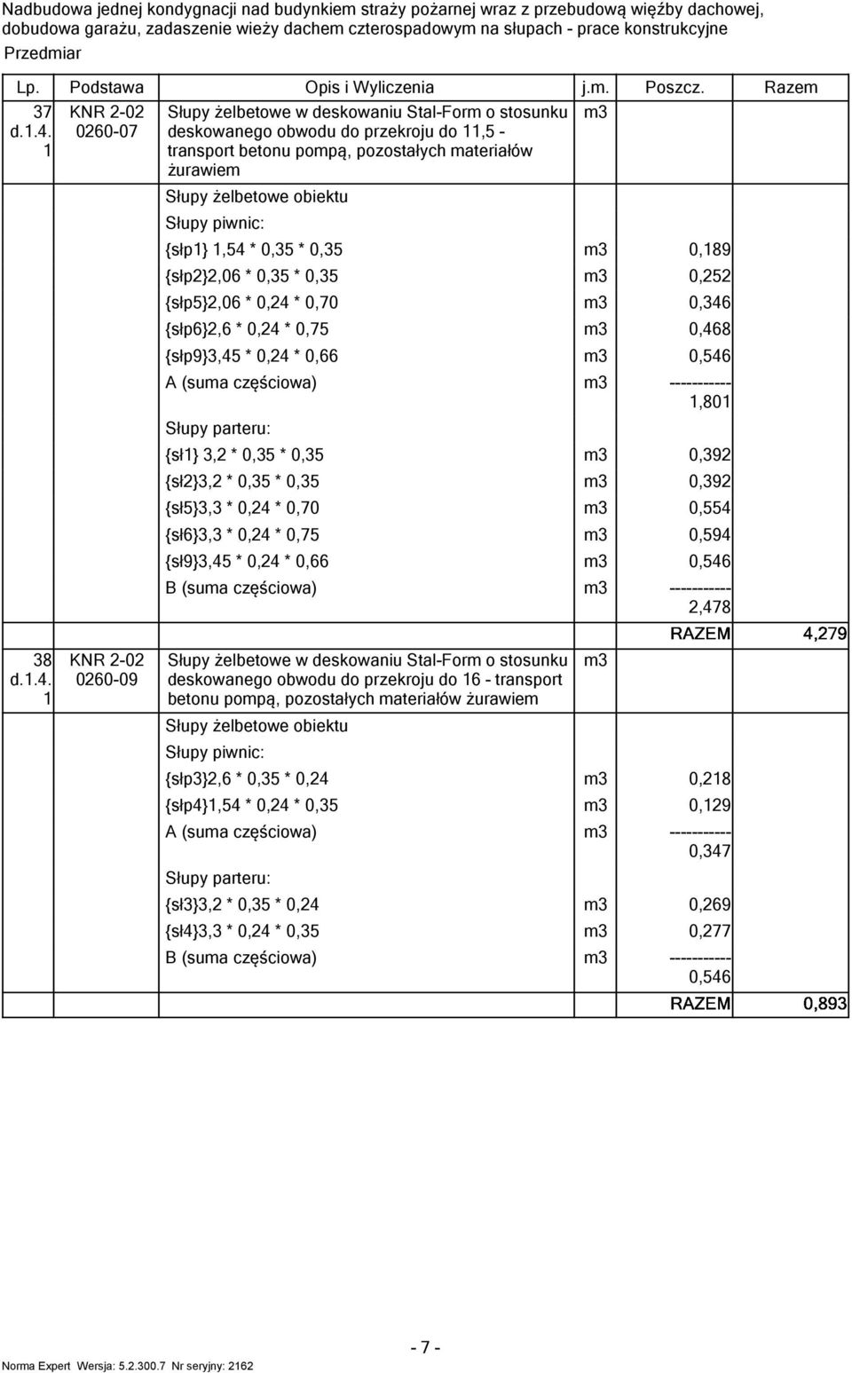 {słp},06 * 0,5 * 0,5 0,5 {słp5},06 * 0,4 * 0,70 0,46 {słp6},6 * 0,4 * 0,75 0,468 {słp9},45 * 0,4 * 0,66 0,546 A (suma częściowa) -----------,80 Słupy pareru: {sł}, * 0,5 * 0,5 0,9 {sł}, * 0,5 * 0,5