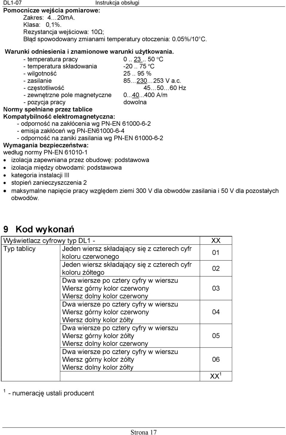 ..40...400 A/m - pozycja pracy dowolna Normy spełniane przez tablice Kompatybilność elektromagnetyczna: - odporność na zakłócenia wg PN-EN 61000-6-2 - emisja zakłóceń wg PN-EN61000-6-4 - odporność na