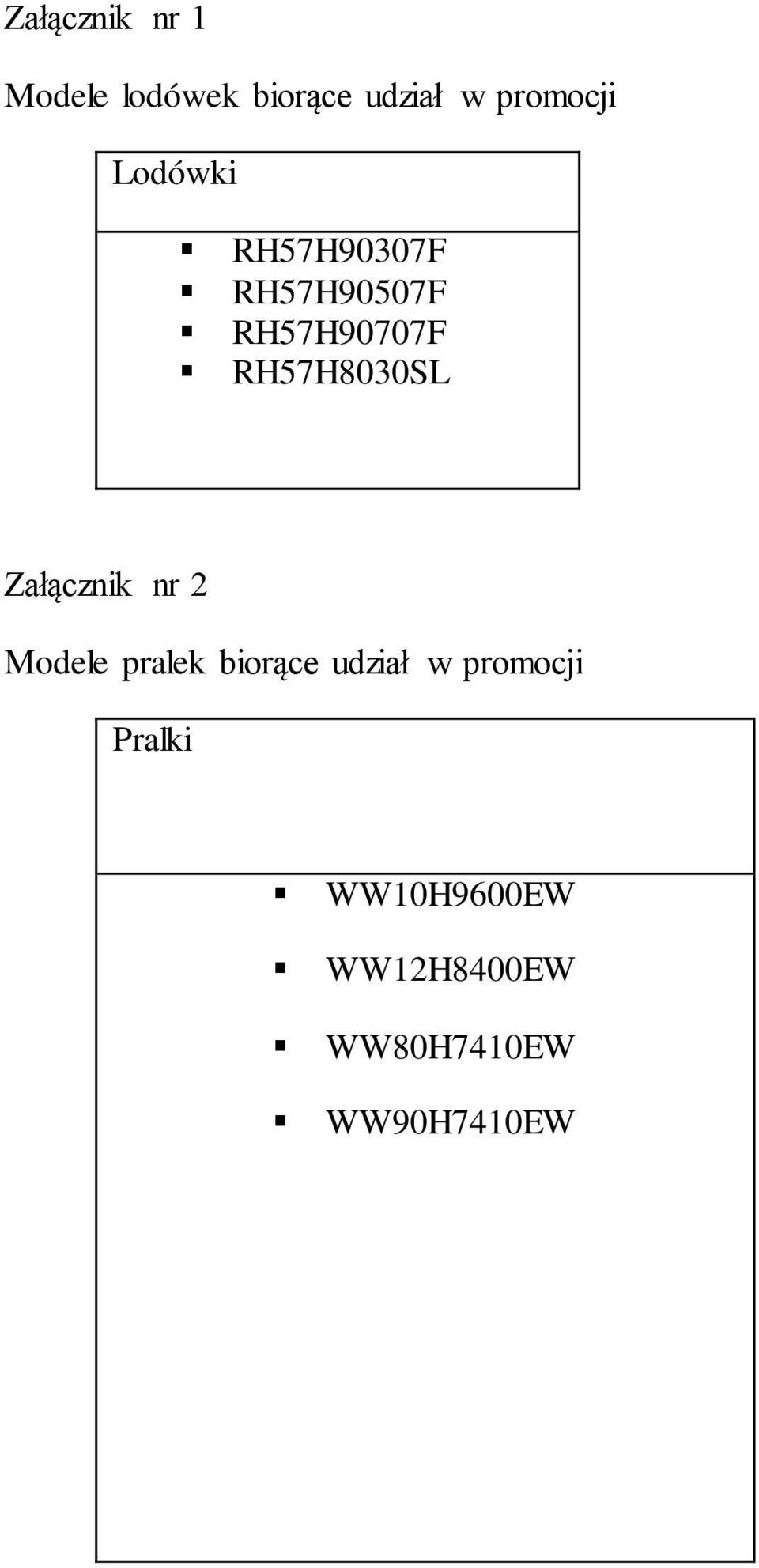 Załącznik nr 2 Modele pralek biorące udział w promocji