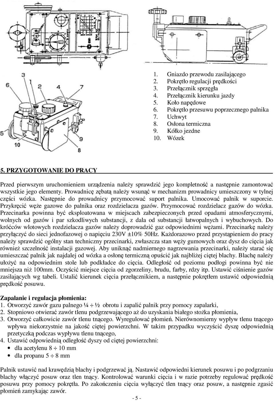 Prowadnicę zębatą należy wsunąć w mechanizm prowadnicy umieszczony w tylnej części wózka. Następnie do prowadnicy przymocować suport palnika. Umocować palnik w suporcie.