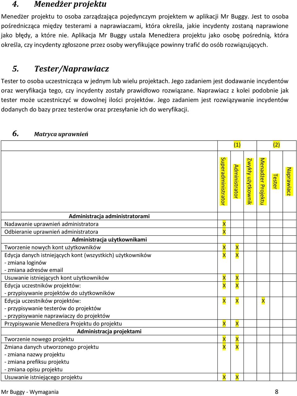 Aplikacja Mr Buggy ustala Menedżera projektu jako osobę pośrednią, która określa, czy incydenty zgłoszone przez osoby weryfikujące powinny trafić do osób rozwiązujących. 5.