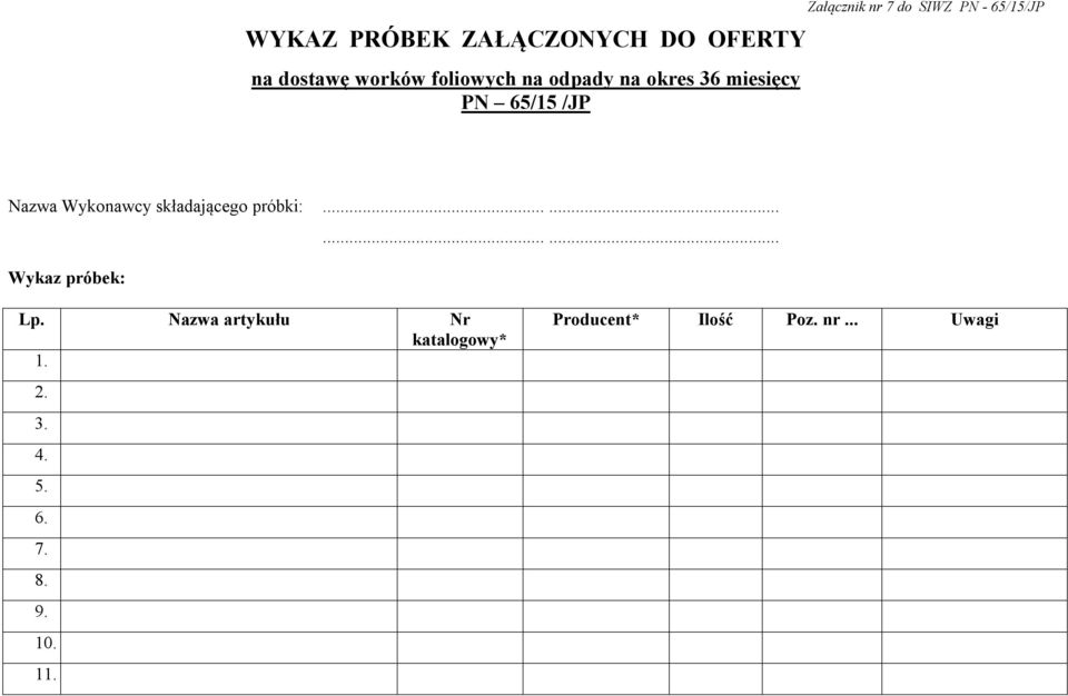 Wykonawcy składającego próbki:...... Wykaz próbek:...... Lp.