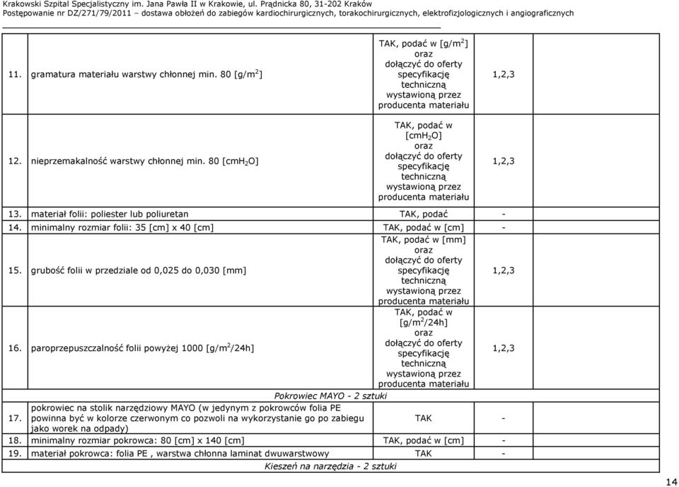 grubość folii w przedziale od 0,025 do 0,030 [mm] TAK, podać w [mm] TAK, podać w [g/m 2 /24h] 16.