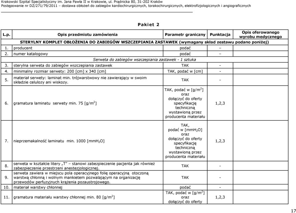 producent podać 2. numer katalogowy podać Serweta do zabiegów wszczepiania zastawek - 1 sztuka 3. sterylna serweta do zabiegów wszczepiania zastawek 4.