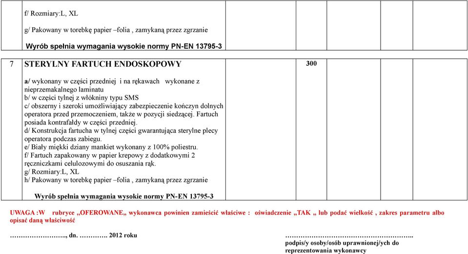 pozycji siedzącej. Fartuch posiada kontrafałdy w części przedniej. d/ Konstrukcja fartucha w tylnej części gwarantująca sterylne plecy operatora podczas zabiegu.