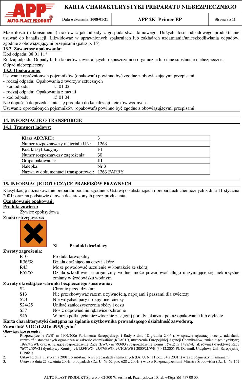 Zawartość opakowania: Kod odpadu: 08 01 11* Rodzaj odpadu: Odpady farb i lakierów zawierających rozpuszczalniki organiczne lub inne substancje niebezpieczne. Odpad niebezpieczny 13.