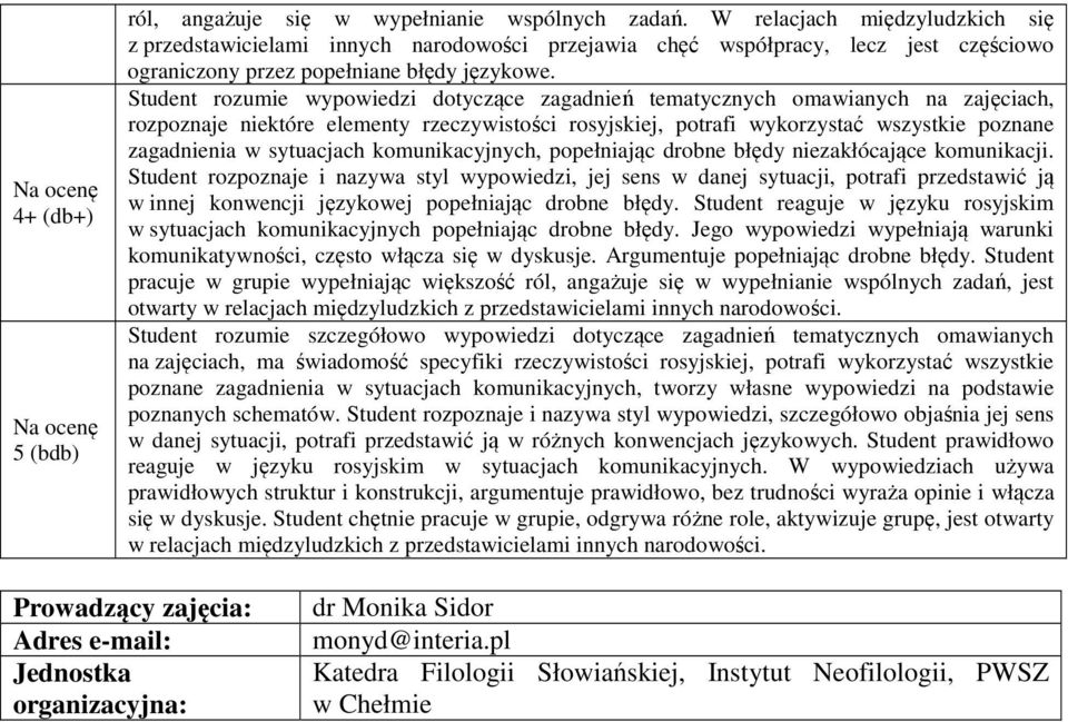 Student rozumie wypowiedzi dotyczące zagadnień tematycznych omawianych na zajęciach, rozpoznaje niektóre elementy rzeczywistości rosyjskiej, potrafi wykorzystać wszystkie poznane zagadnienia w