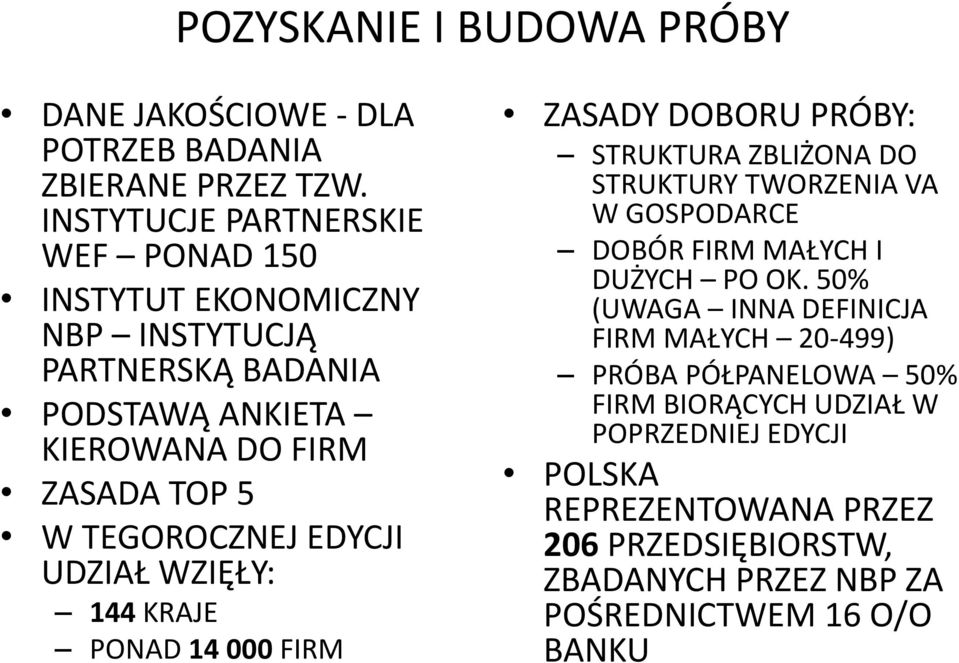 TEGOROCZNEJ EDYCJI UDZIAŁ WZIĘŁY: 144 KRAJE PONAD 14 000 FIRM ZASADY DOBORU PRÓBY: STRUKTURA ZBLIŻONA DO STRUKTURY TWORZENIA VA W GOSPODARCE DOBÓR FIRM