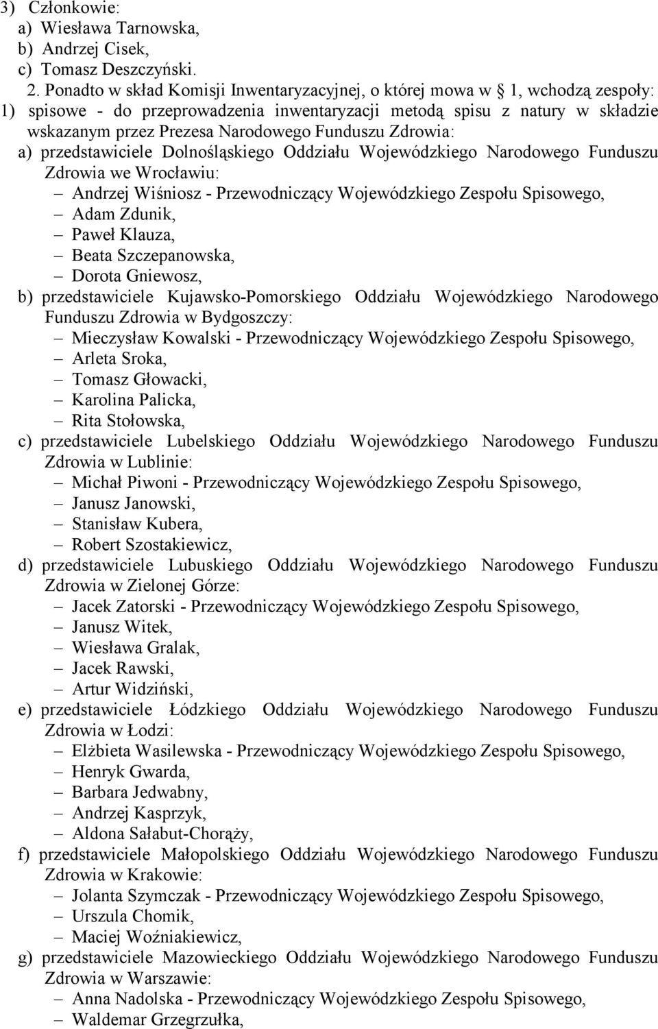 Funduszu Zdrowia: a) przedstawiciele Dolnośląskiego Oddziału Wojewódzkiego Narodowego Funduszu Zdrowia we Wrocławiu: Andrzej Wiśniosz - Przewodniczący Wojewódzkiego Zespołu Spisowego, Adam Zdunik,