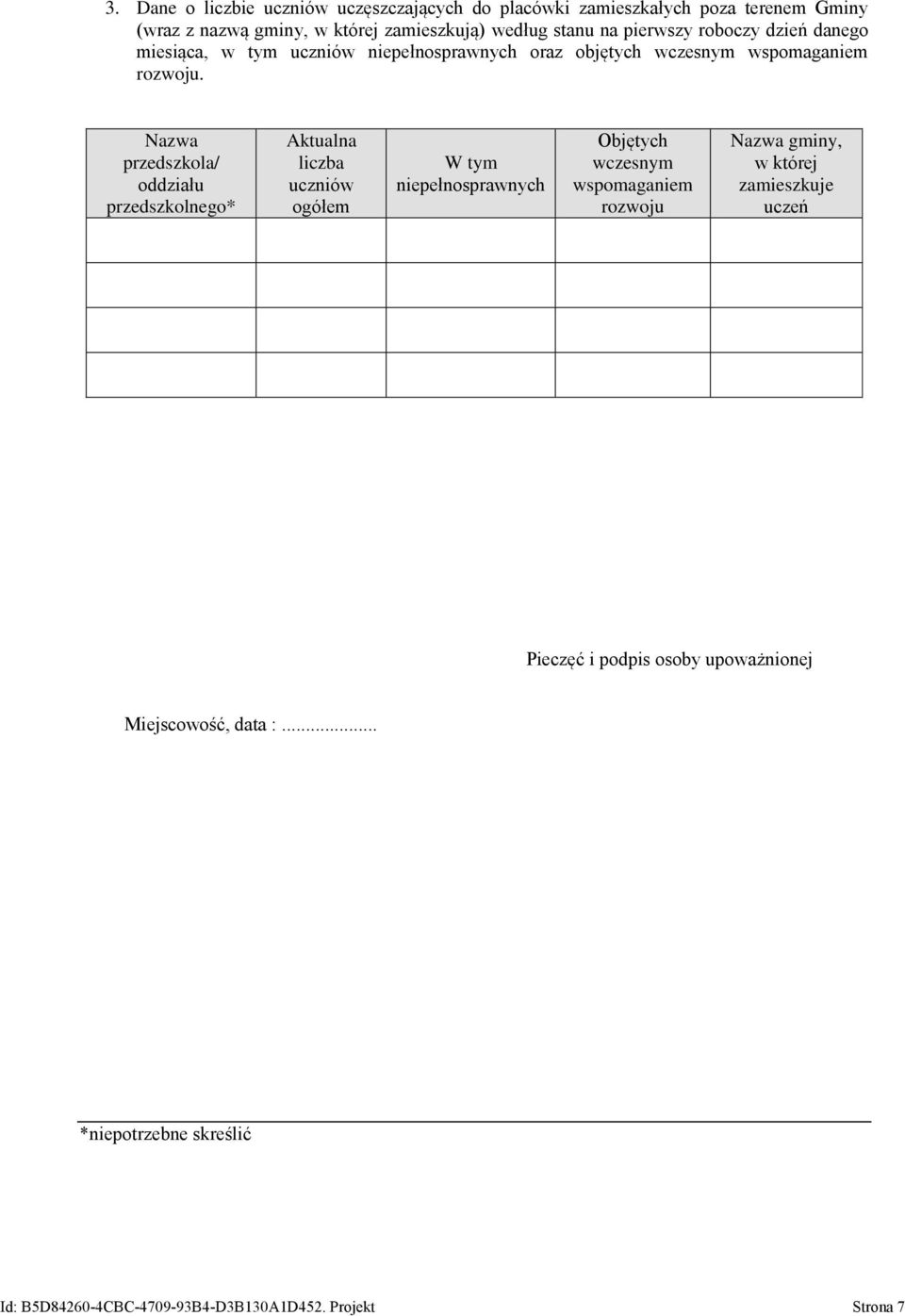 Nazwa przedszkola/ oddziału przedszkolnego* Aktualna liczba uczniów ogółem W tym Objętych wczesnym wspomaganiem rozwoju Nazwa gminy, w