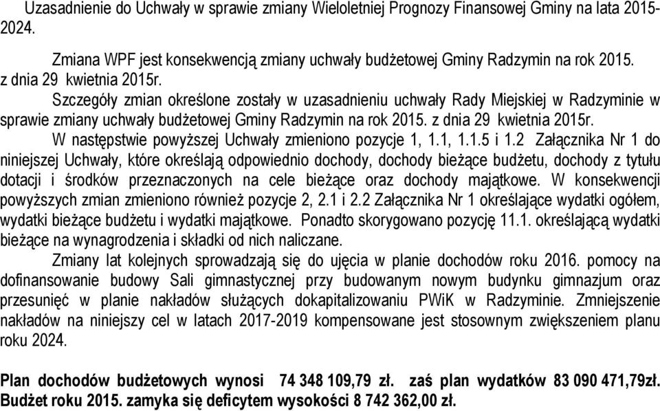 W nstępstwie powyższej Uhwły zmieniono pozyje 1, 1.1, 1.1.5 i 1.