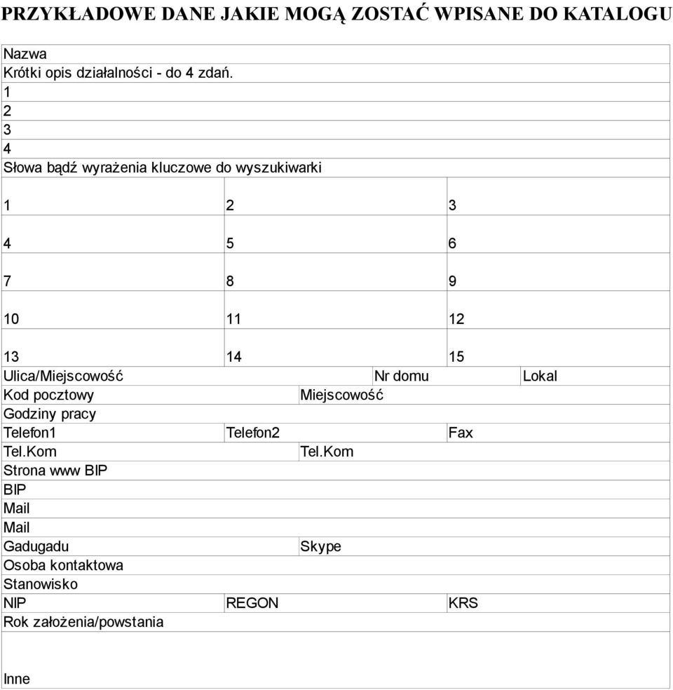 Ulica/Miejscowość Nr domu Lokal Kod pocztowy Miejscowość Godziny pracy Telefon1 Telefon2 Fax Tel.