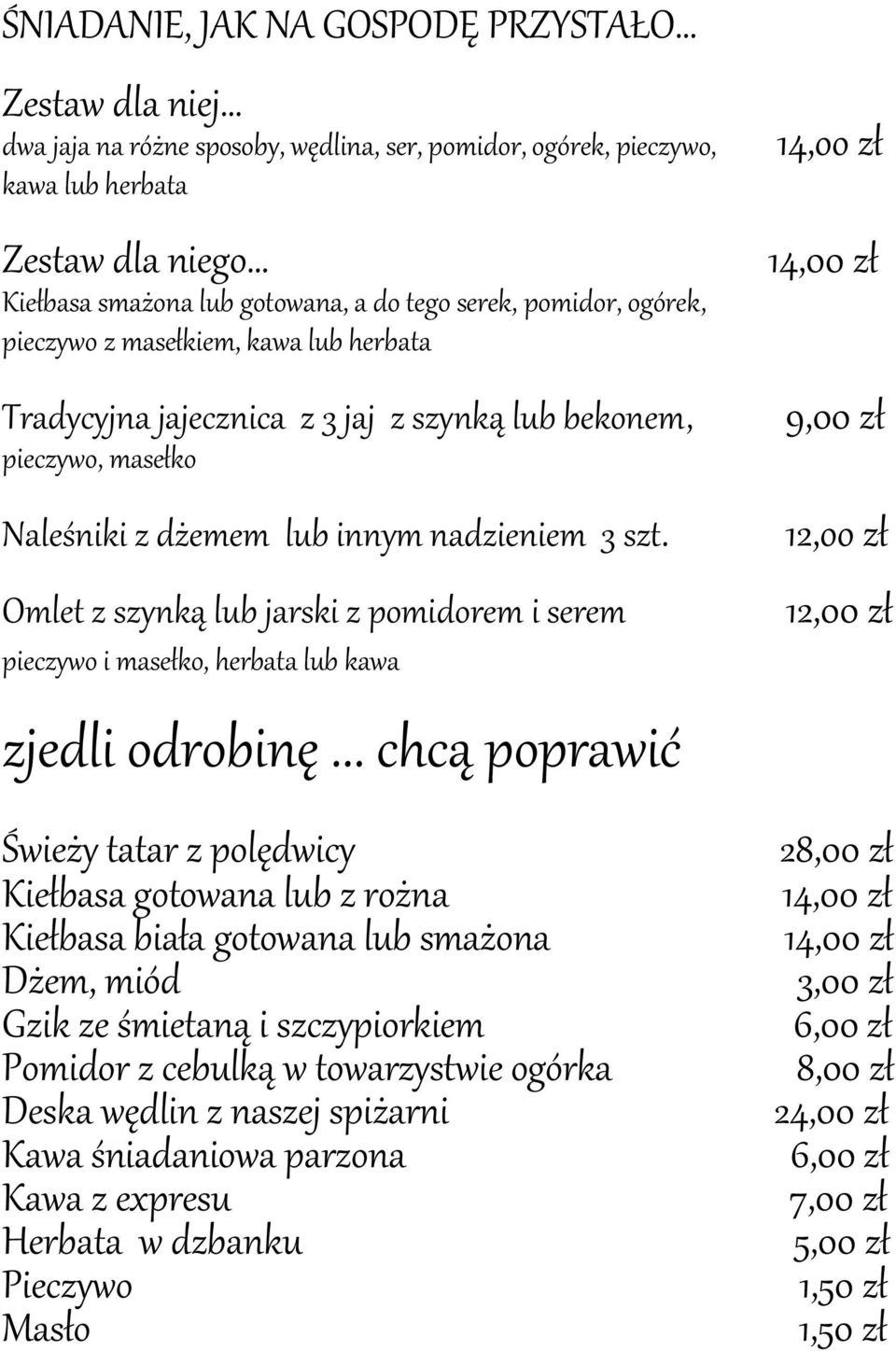 Omlet z szynką lub jarski z pomidorem i serem pieczywo i masełko, herbata lub kawa zjedli odrobinę.