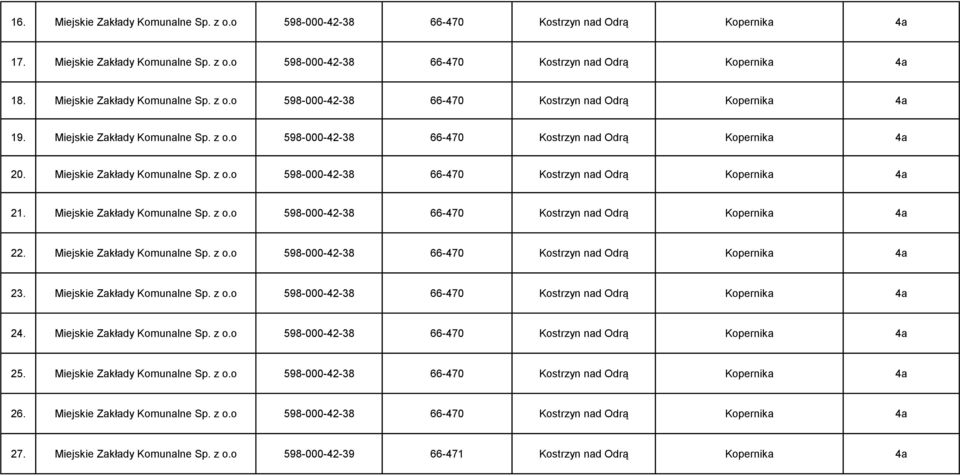 Miejskie Zakłady Komunalne Sp. z o.o 598-000-42-38 Kopernika 4a 23. Miejskie Zakłady Komunalne Sp. z o.o 598-000-42-38 Kopernika 4a 24. Miejskie Zakłady Komunalne Sp. z o.o 598-000-42-38 Kopernika 4a 25.