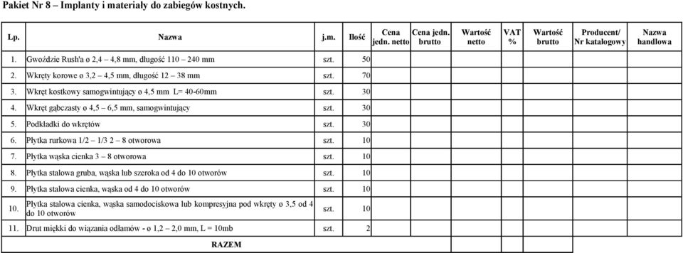 Podkładki do wkrętów szt. 30 6. Płytka rurkowa 1/2 1/3 2 8 otworowa szt. 10 7. Płytka wąska cienka 3 8 otworowa szt. 10 8.